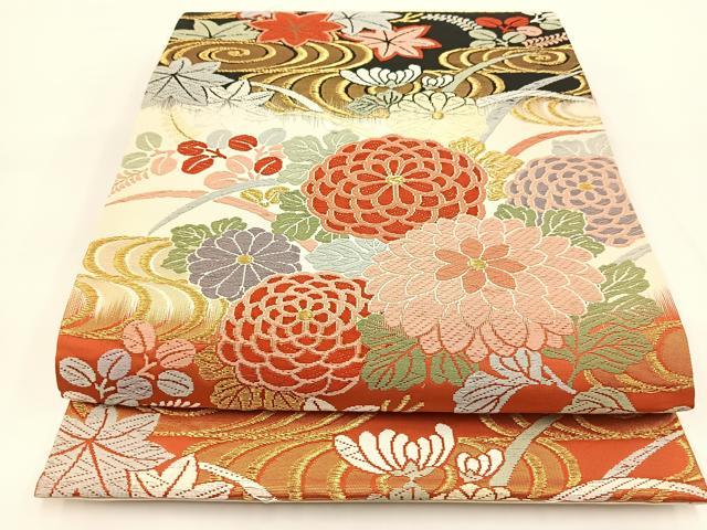 平和屋着物●六通柄袋帯　唐織　流水秋草文　金糸　正絹　逸品　BAAV7176yc