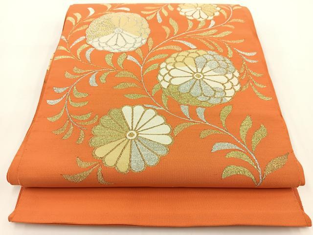 平和屋着物●爪掻き本綴れ　八寸名古屋帯　菊花文　朱色　金銀糸　正絹　逸品　BAAV7325yc