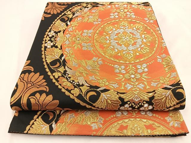 平和屋着物◎六通柄袋帯 万葉錦 更紗正倉院花文 黒地 金銀糸 正絹 逸品