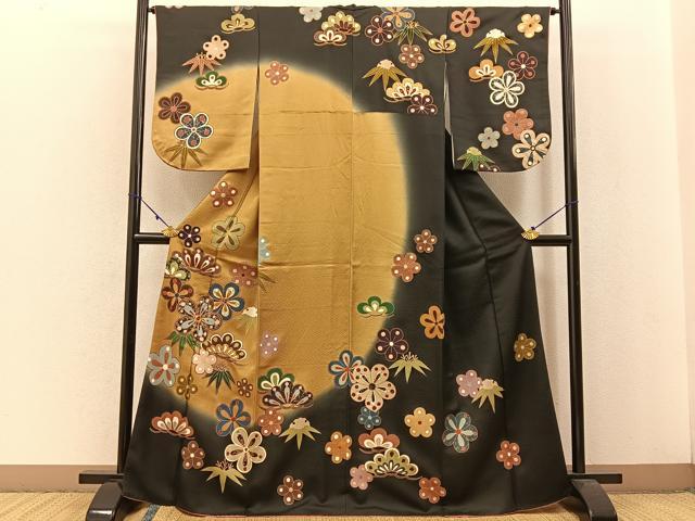 平和屋着物○訪問着 駒刺繍 松竹梅 暈し染め 黒緑色地 金銀