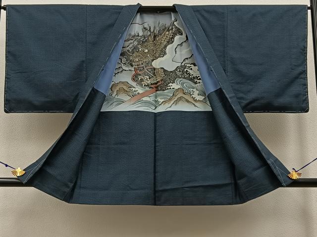 平和屋着物●男性　本場大島紬　アンサンブル　100亀甲　総詰め　羽裏：龍　正絹　逸品　未使用　BAAW0923hj_6