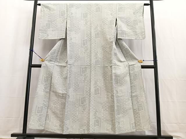 平和屋着物▽上質な紬　単衣　100亀甲　色紙更紗花文　正絹　逸品　BAAW2189yc_1