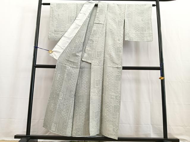 平和屋着物▽上質な紬　単衣　100亀甲　色紙更紗花文　正絹　逸品　BAAW2189yc_2