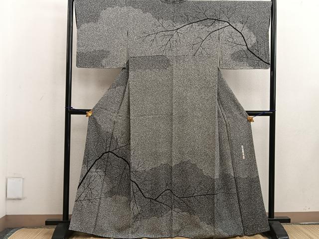 平和屋着物●二代目 川村久太郎　訪問着　枝葉文　たたき染め　黒地　正絹　逸品　BAAW3430mz 24,024円