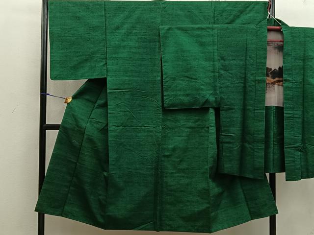 平和屋着物●男性　紬　アンサンブル　色無地　深緑色　正絹　逸品　BAAW3506mz