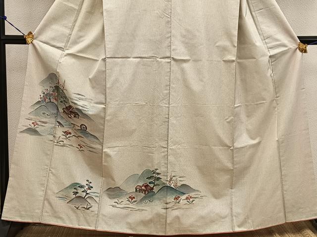 平和屋着物●訪問着　本場大島紬　白大島　手描き　刺繍　7マルキ　風景花文　正絹　逸品　BAAW3525mz 平和屋着物○訪問着 本場大島紬 白大島 手描き 刺繍 7マルキ 風景花文