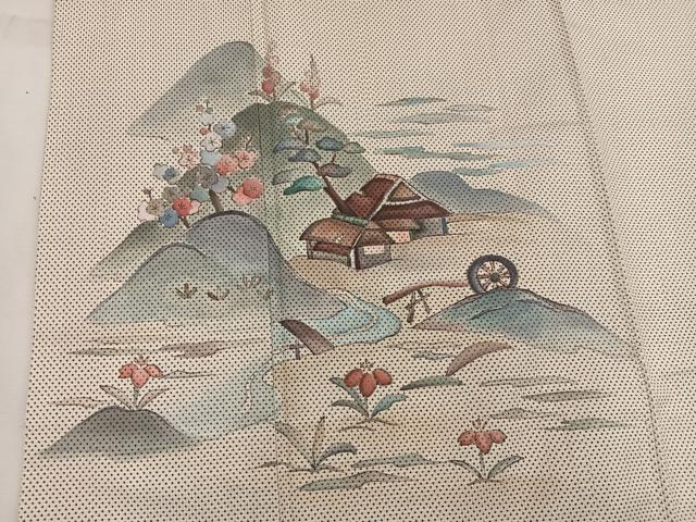 平和屋着物●訪問着　本場大島紬　白大島　手描き　刺繍　7マルキ　風景花文　正絹　逸品　BAAW3525mz 平和屋着物○訪問着 本場大島紬 白大島 手描き 刺繍 7マルキ 風景花文