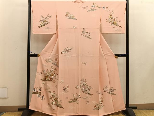 平和屋着物●訪問着　駒刺繍　枝梅菊花文　金彩　正絹　逸品　BAAW3614mz