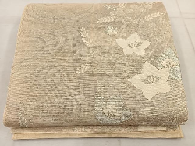平和屋着物＊夏物　六通柄袋帯　流水花文　銀糸　正絹　逸品　BAAW3808mz
