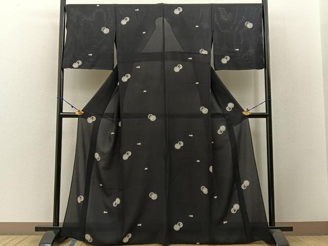平和屋着物＊夏物 小紋 絽 花絵皿 成り物 黒緑色地 正絹 逸品