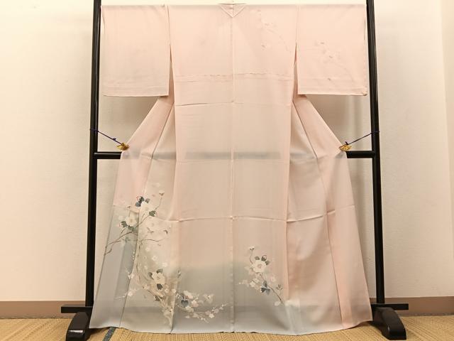 平和屋着物＊夏物　訪問着　絽　友禅　白椿に梅　暈し染め　正絹　逸品　未使用　BAAW5080hj