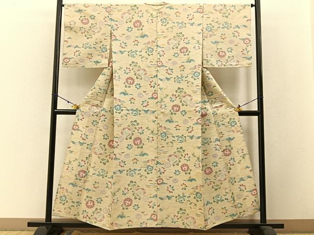 平和屋着物▽上質な紬　単衣　菊楓文　正絹　逸品　BAAW5096hj_1