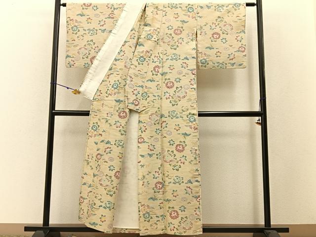 平和屋着物▽上質な紬　単衣　菊楓文　正絹　逸品　BAAW5096hj_2