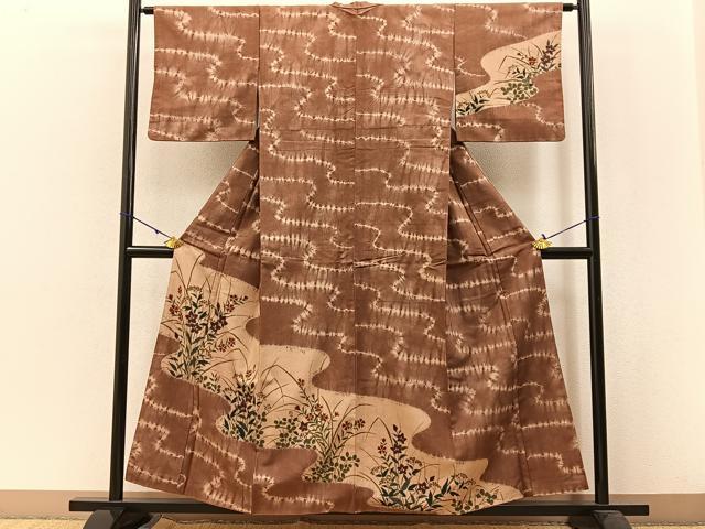 平和屋着物●訪問着　紬地　絞り　秋草文　正絹　逸品　BAAW5180hj