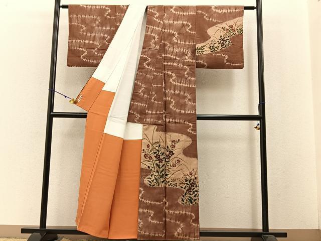 平和屋着物●訪問着　紬地　絞り　秋草文　正絹　逸品　BAAW5180hj_1