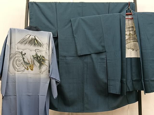 平和屋着物●男性　紬　単衣　アンサンブル　長襦袢(袷)セット　長羽織　幾何学文様　正絹　逸品　BAAX3674yc 30,420円
