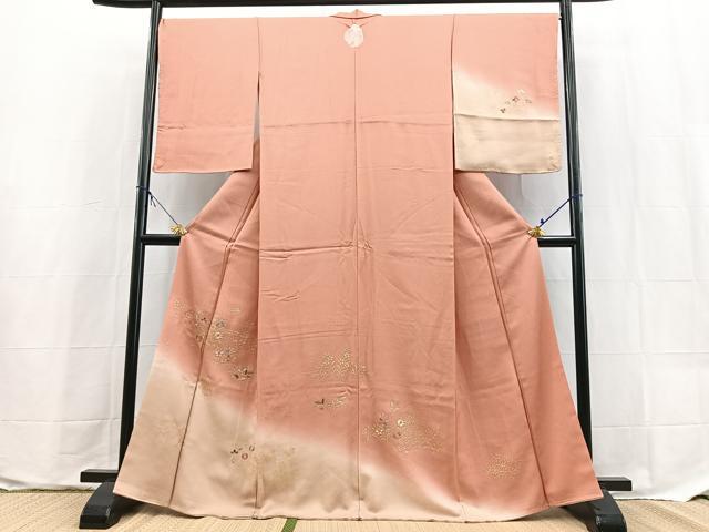 平和屋着物●訪問着　刺繍　花蝶文　薄紅色　暈し染め　金彩　正絹　逸品　未使用　BAAX9596yc