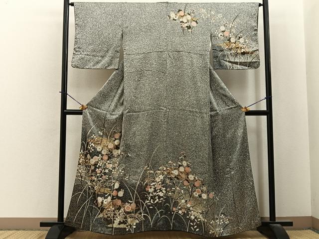 平和屋着物●訪問着　籬秋草文　たたき染め　黒地　金彩　正絹　逸品　BAAY6112hj