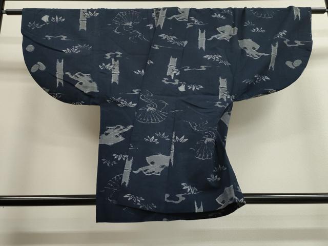 平和屋着物●久留米絣　単衣　綿　道中着　檜扇笹竹文　逸品　CAAK3938dy