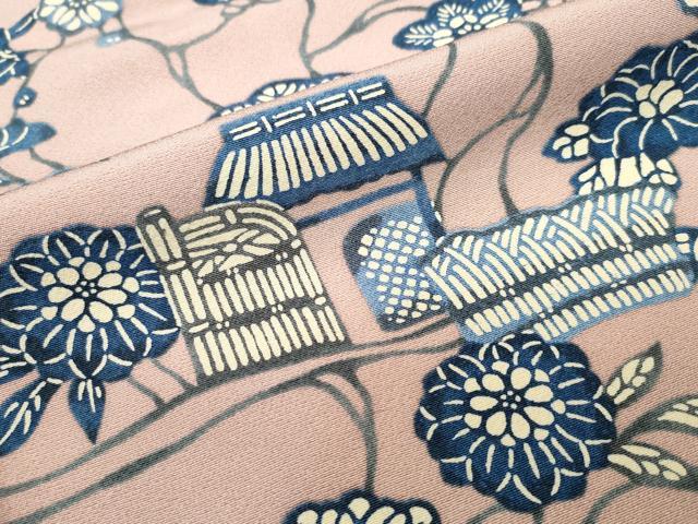 平和屋着物○本場琉球紅型 小紋 枝花風景文 正絹 逸品 CAAO4122ng