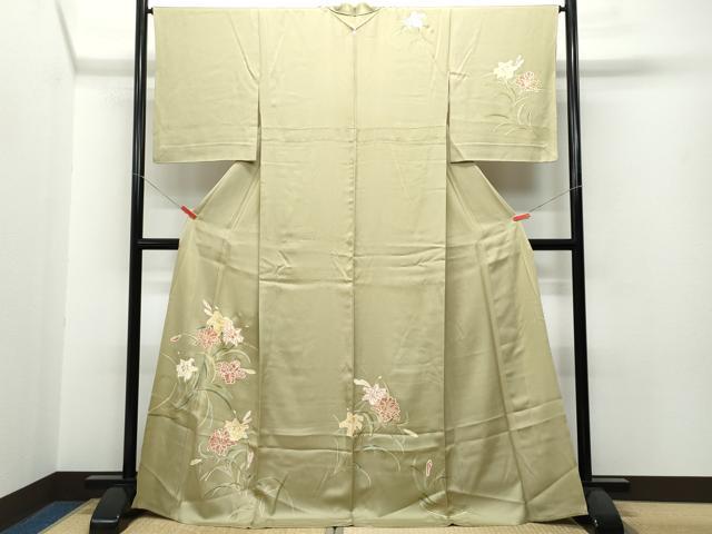 平和屋着物▽訪問着　単衣　駒刺繍　草花文　金彩　正絹　逸品　CAAP4395vf