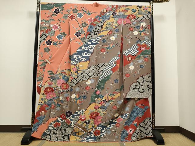 平和屋着物●豪華振袖　紅型　風景花鳥吉祥文　正絹　逸品　CAAP7122hy