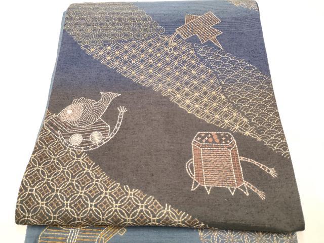 平和屋着物●六通柄袋帯　紬地　刺し子　貝桶　凧揚げ　鯛　正絹　逸品　CAAP7160hy