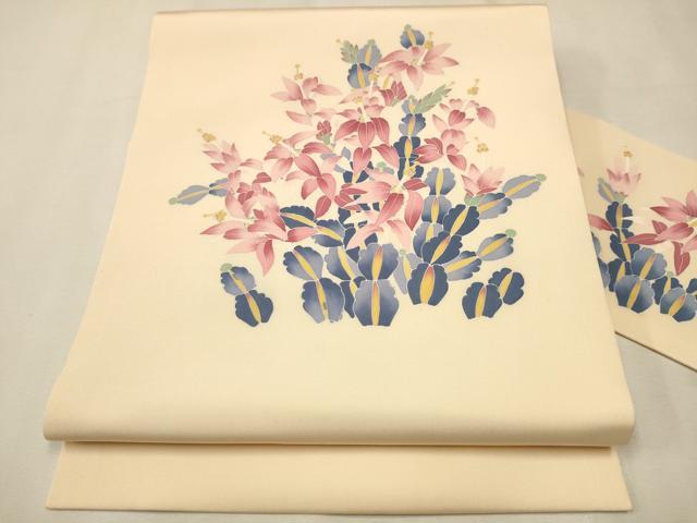 平和屋着物●塩瀬　九寸名古屋帯　作家物　草花文　正絹　逸品　CAAP7180hy