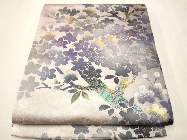平和屋着物●全通柄袋帯　枝桜文　銀通し地　正絹　逸品　CAAP7189hy