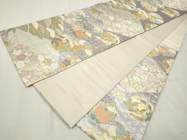 平和屋着物○六通柄袋帯 雪輪飛鶴草花文 金糸 正絹 逸品