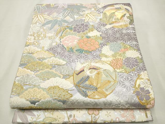 平和屋着物○六通柄袋帯 唐織 飛鶴草花丸文 金銀糸 正絹