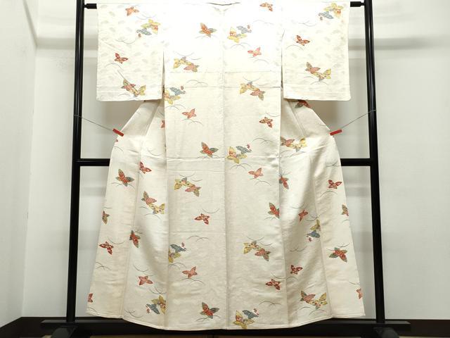 平和屋着物▽上質な小紋 単衣 舞蝶風景花文 扇面金