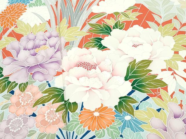 平和屋着物▽訪問着　単衣　刺繍　扇面草花文　正絹　逸品　CAAQ0018vf 平和屋着物▽訪問着 単衣 刺繍 扇面草花文 正絹 逸品 CAAQ0018vf 平和