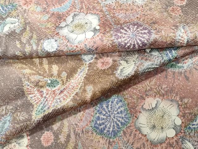 平和屋着物■上質な小紋　型染め　花鳥唐草文　逸品　未使用　BAAI9769pm 平和屋着物□上質な小紋 作家物 型染め 草木染 花唐草文 暈