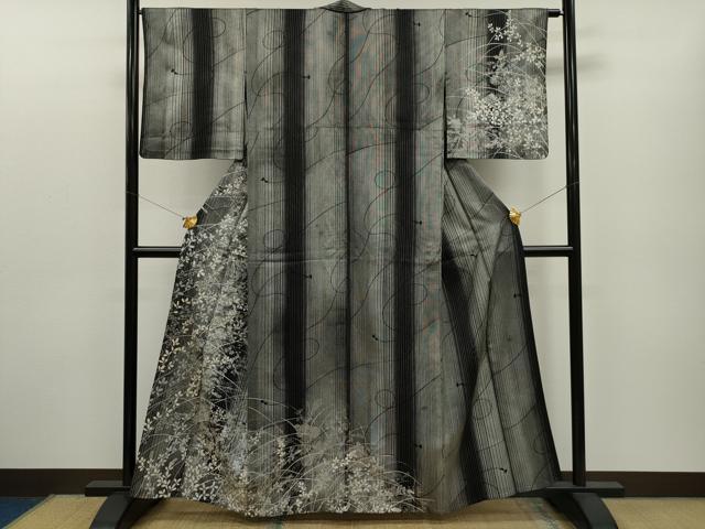 平和屋着物▽訪問着　単衣　刺繍　草花文　黒地　金銀彩　正絹　逸品　CAAQ5116dy