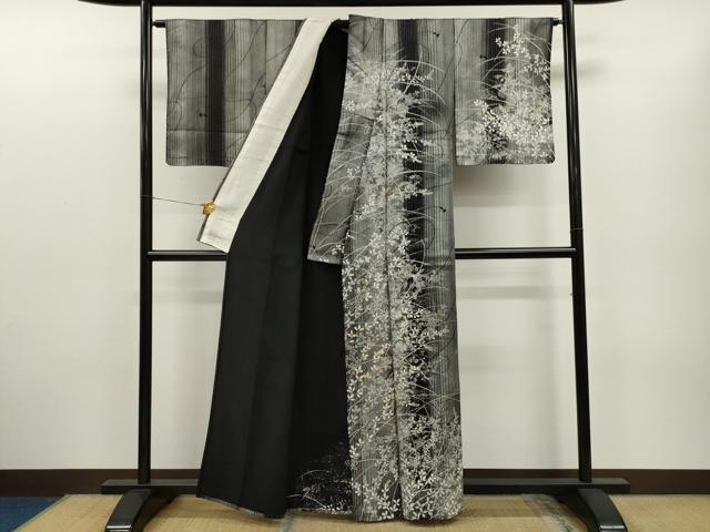 平和屋着物▽訪問着　単衣　刺繍　草花文　黒地　金銀彩　正絹　逸品　CAAQ5116dy_1