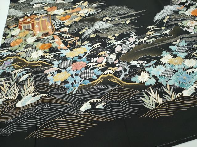 平和屋着物○創業460年・千總 黒留袖 駒刺繍 御所車草花文