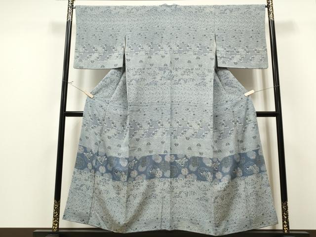 平和屋着物●創業460年・千總　訪問着　藍　型染め　雪輪雀花文　正絹　逸品　CAAQ9463th