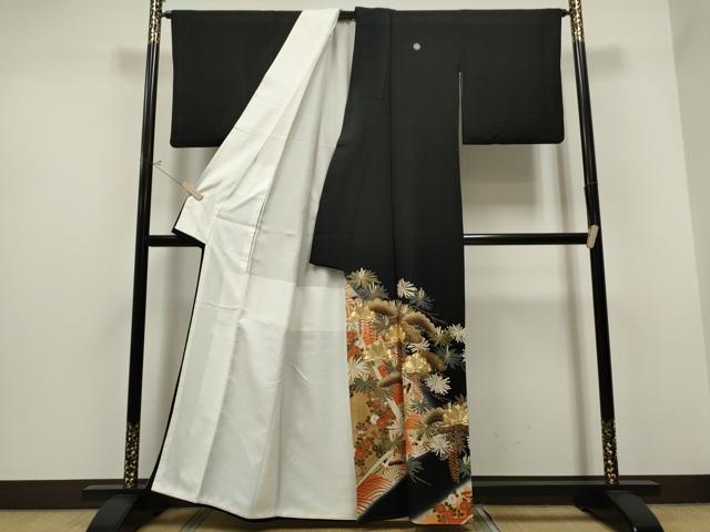 平和屋着物○豪華黒留袖 駒刺繍 枝松文 暈し染め 金彩 正絹