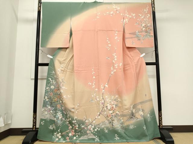 平和屋着物●十日町友禅作家　松雨　訪問着　草花文　暈し染め　金銀彩　正絹　逸品　CAAQ9498th