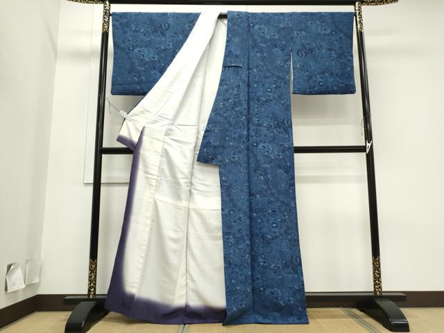 平和屋着物○上質な小紋 琉球藍染 型染め 花鳥文 正絹 逸品 AABA1276ph