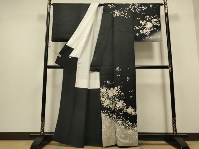 平和屋着物○訪問着 枝花文 暈し染め 黒地 銀彩 正絹