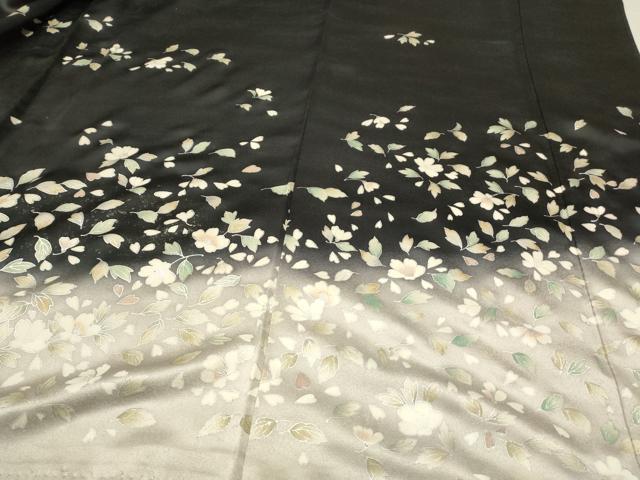 平和屋着物○訪問着 枝花文 暈し染め 黒地 銀彩 正絹