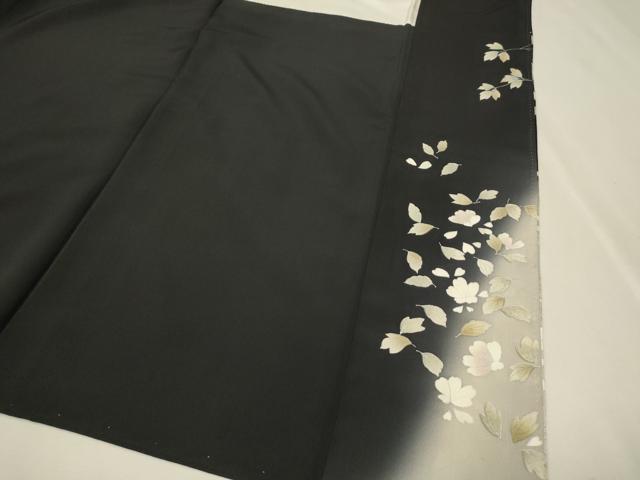 平和屋着物○訪問着 枝花文 暈し染め 黒地 銀彩 正絹