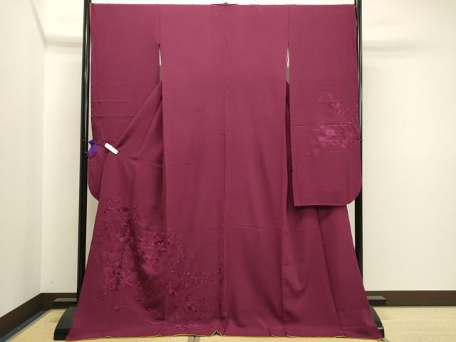 平和屋着物●豪華振袖　色無地　総刺繍　花車文　赤紫色　正絹　逸品　CAAR0840gh
