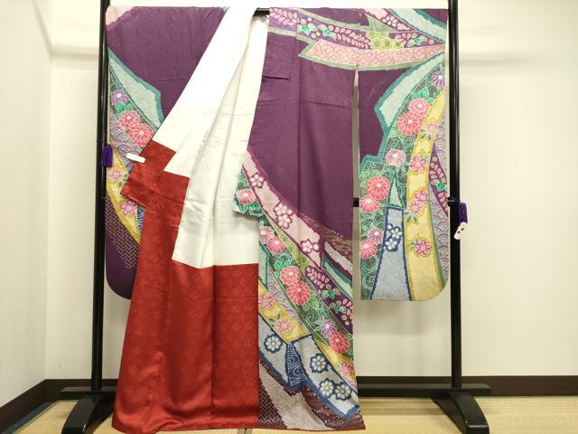 平和屋着物□豪華振袖 駒刺繍 絞り 流水花文 金彩 高島屋扱い 正絹