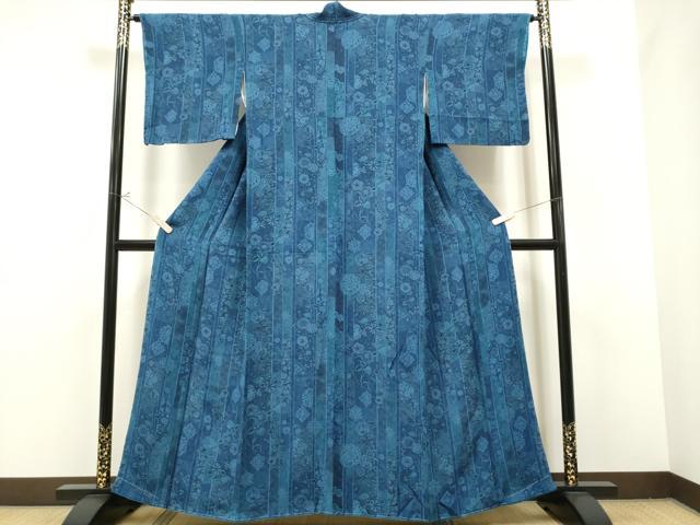 平和屋着物●上質な小紋　流水更紗花唐草間道　鬼しぼ縮緬　正絹　逸品　CAAR1283hy 平和屋着物○上質な小紋 流水更紗花唐草間道 鬼しぼ縮緬