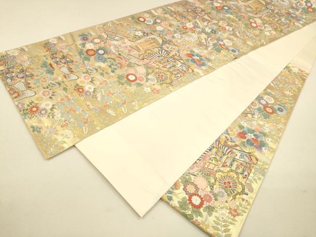 平和屋着物○六通柄袋帯 唐織 御所車草花文 金糸 正絹 逸品 CAAR1304hy