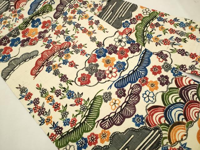 平和屋着物◎九寸名古屋帯 紬地 型染め 草花文 正絹 逸品