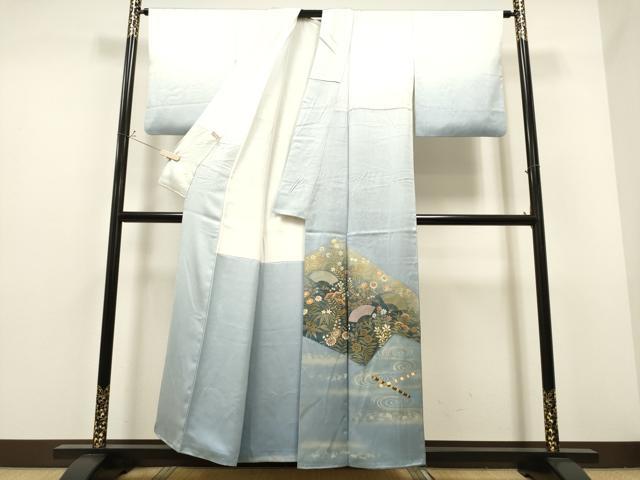 平和屋着物●人間国宝　福田喜三郎　中国三大刺繍　相良刺繍　訪問着　横笛　扇面流水草花文　暈し染め　金彩　正絹　逸品　CAAR1365hy 平和屋着物○人間国宝 福田喜三郎 中国三大刺繍 相良刺繍 訪問着